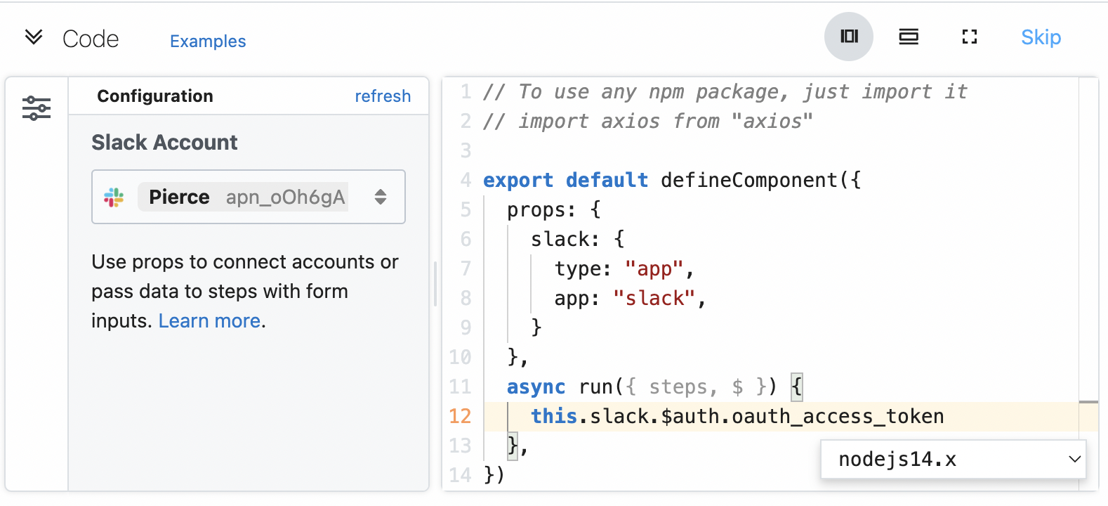 Example of adding an app connection to a v2 Node.js step